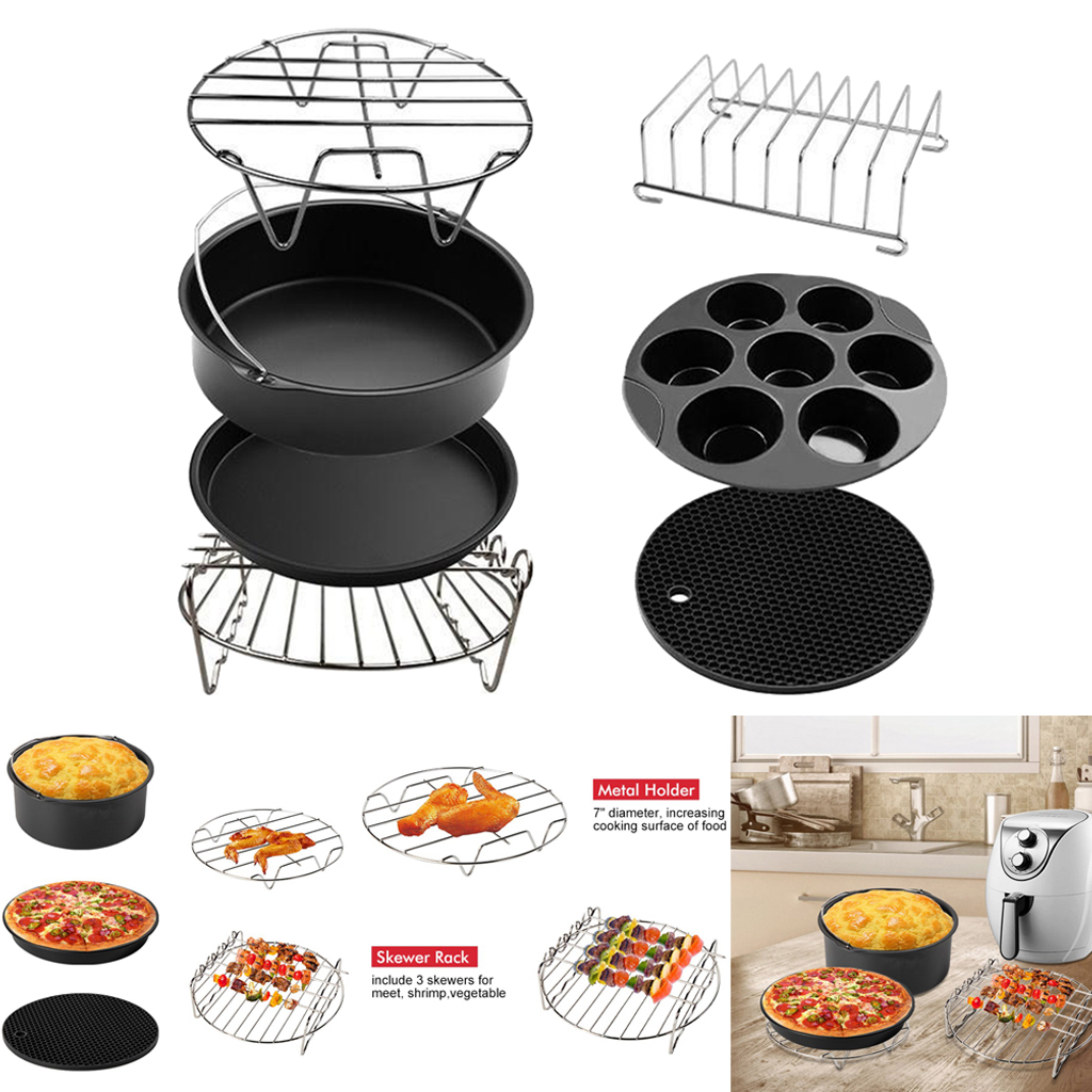 7pcs Air Fryer Accessory Kit Silicone Mat 8inch Pizza Pan Metal Holder