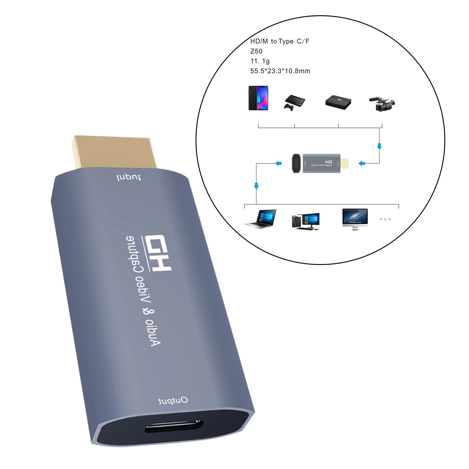 HD to Type C Audio Video Capture Card, USB-C 4K 1080P for Live Streaming Recording for PC Phone