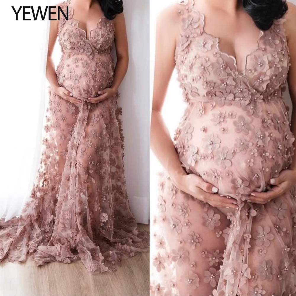 women's formal dresses & gowns Lace Flower Evening Dress Woman V Neck Maternity Dresses for Photo Shoot Photography Dress YEWEN 2021 plus size evening dresses