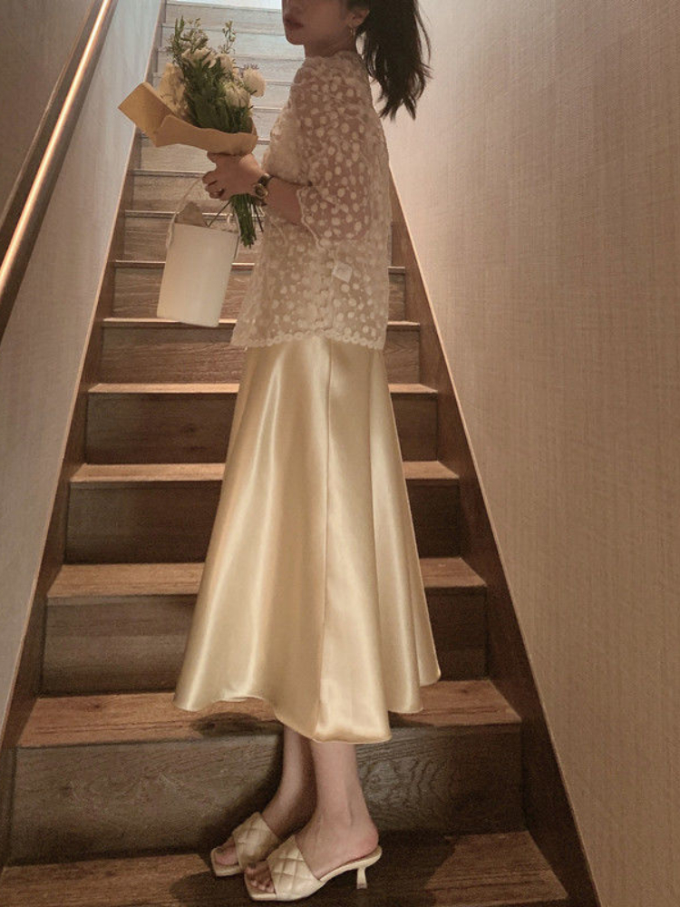 HOUZHOU Vintage Elegant Satin Skirt Women Temperament Luster High Waist A-line Midi Long Skirt Summer Solid Loose Korean Fashion HOUZHOU Vintage Elegant Satin Skirt Women Temperament Luster High Waist A-line Midi Long Skirt Summer Solid Loose Korean Fashion