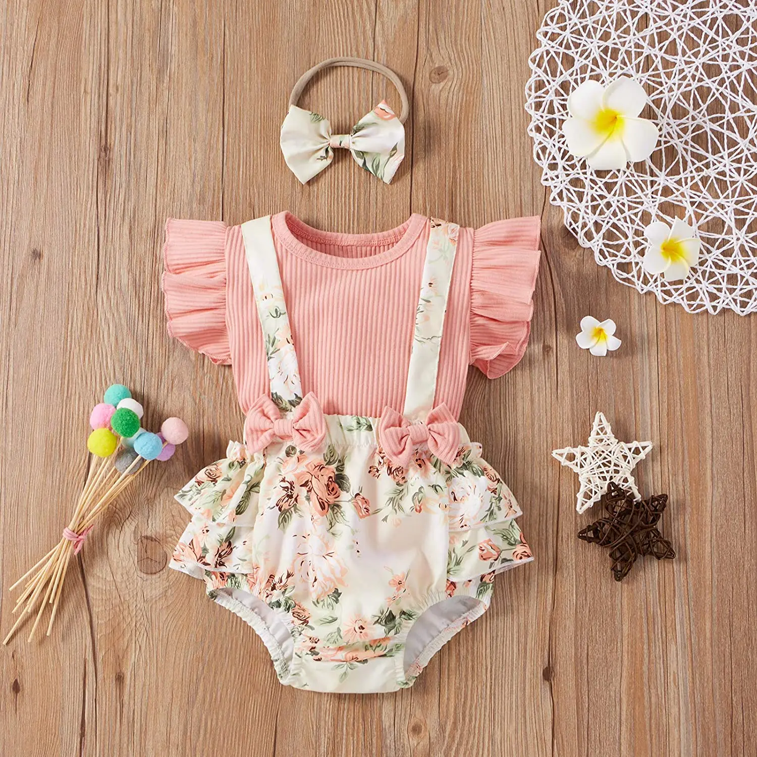 Newborn Infant Baby Girl Ribbed Top+Floral Bow Suspender Shorts+Headband Outfits 