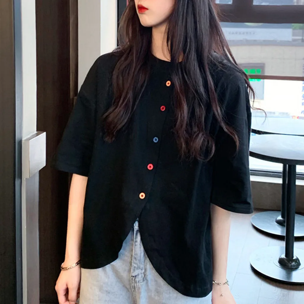 40#Women's Retro Blouses Loose Color Button O-neck Short Sleeve Shirt Irregular Spring Elegant Top Korean Sweet Blouse блузка womens shirts and blouses