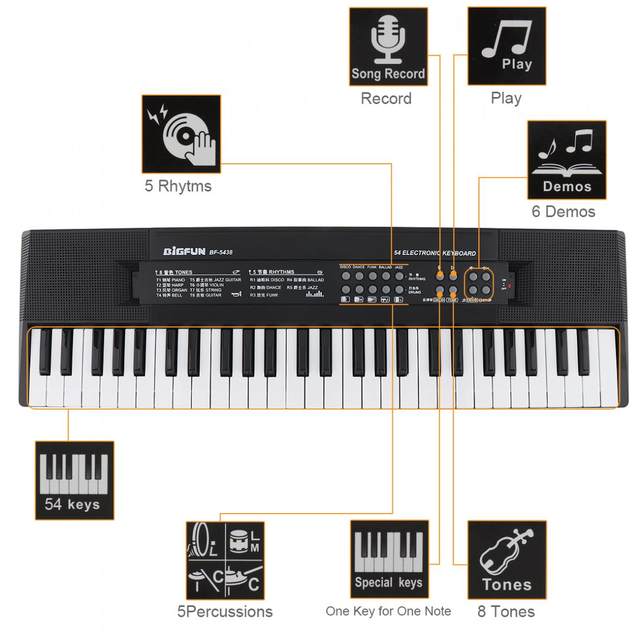 GOFLAME 54-Key Electronic Keyboard Piano With Microphone - Portable Digital Piano For Kids & Beginners, Black