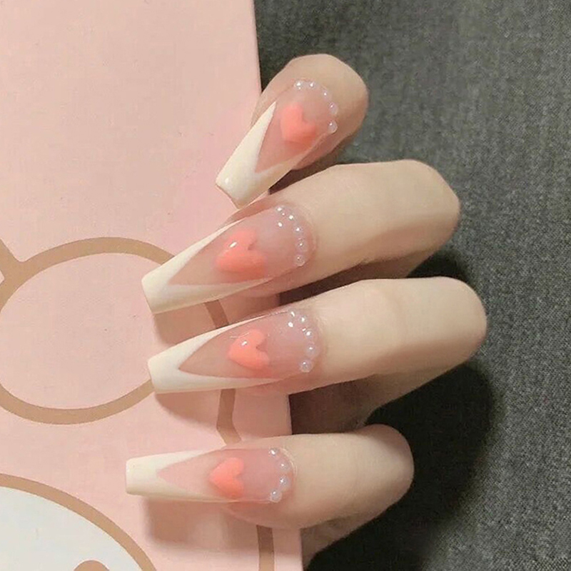 Imprensa com Cola Pces Falsa Naisl Amor Coração Impresso Unhas Remendo Cobertura Completa Longo Pontophwearable Terminado Falso Prego 24 1 Beleza e saúde
