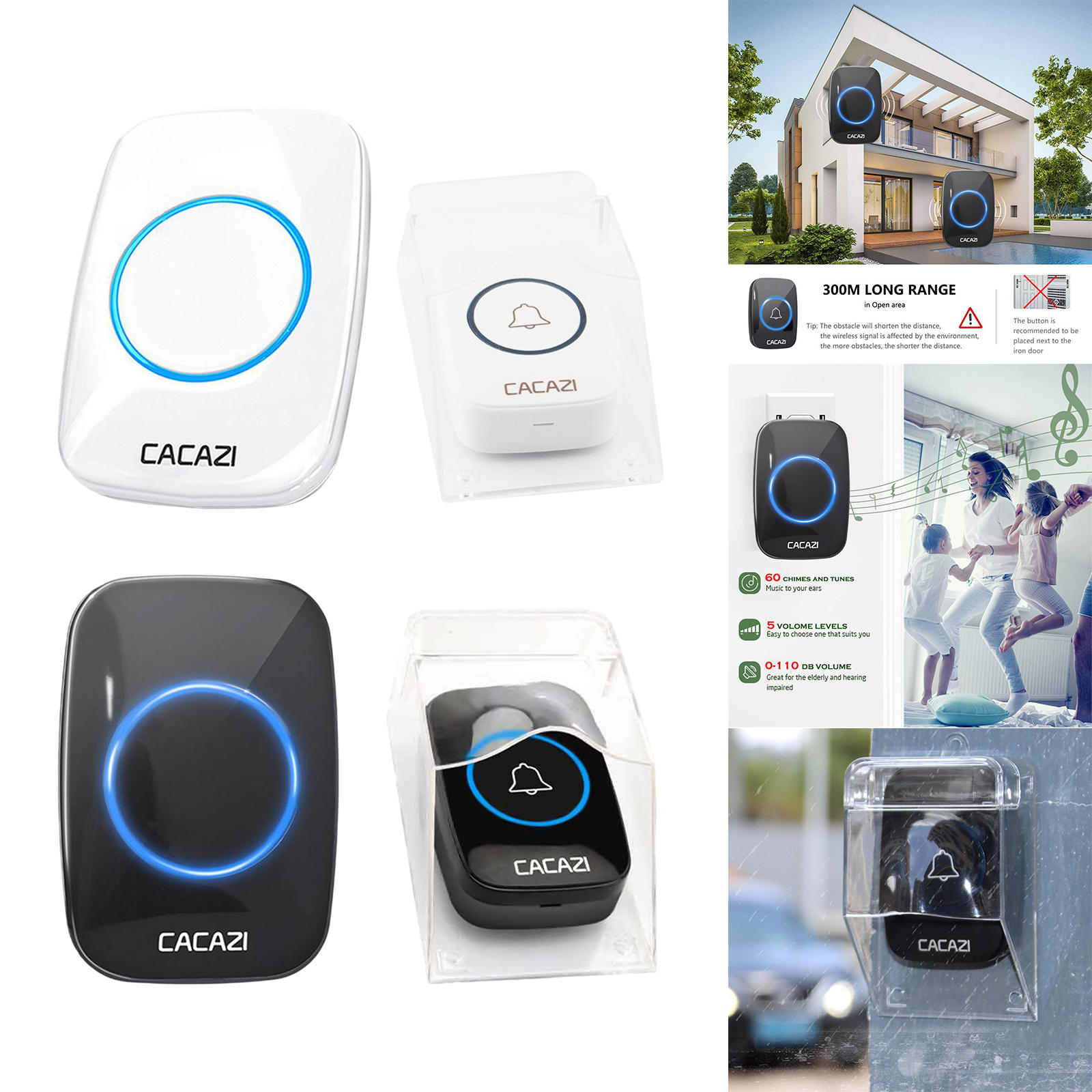 Wireless Doorbell, A10 Waterproof Door Chime Kit with, 5 Volume Levels 60 Chimes 300M Range for Home Office Apartments UK plug