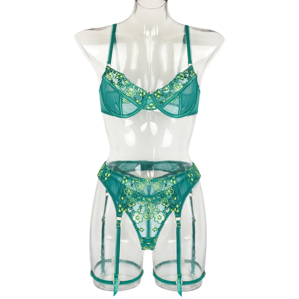 sexy bra and panty set Yimunancy 3-Piece Lace Bra Set Women Sexy Lingerie Set Sensual Green Erotic Underwear Set with Underwire bra and panty sets