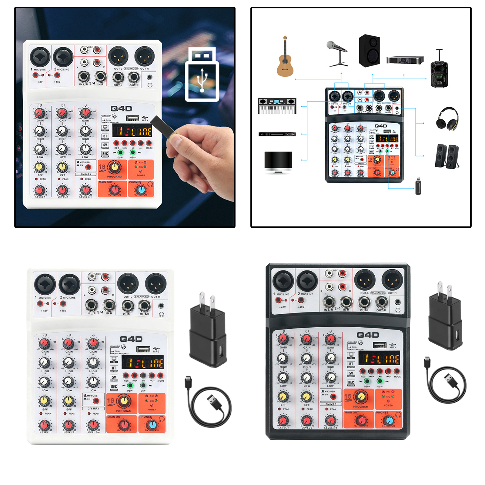 4 Channels DJ Audio Sound Mixer with 48V Phantom Power, Desktop Karaoke with MP3 Input, High Performance