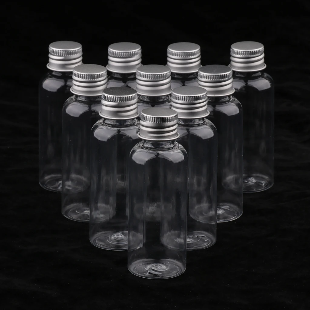 10 Pieces 50ml Plastic Bottle Liquid Sampling Vials Aluminum Cap Refillable