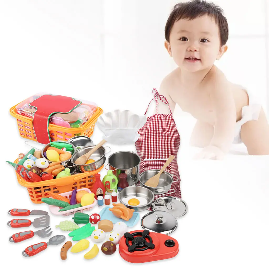 42 Pieces Pretend Play Food And Kitchen Set, Cooking Game with Mini Stainless