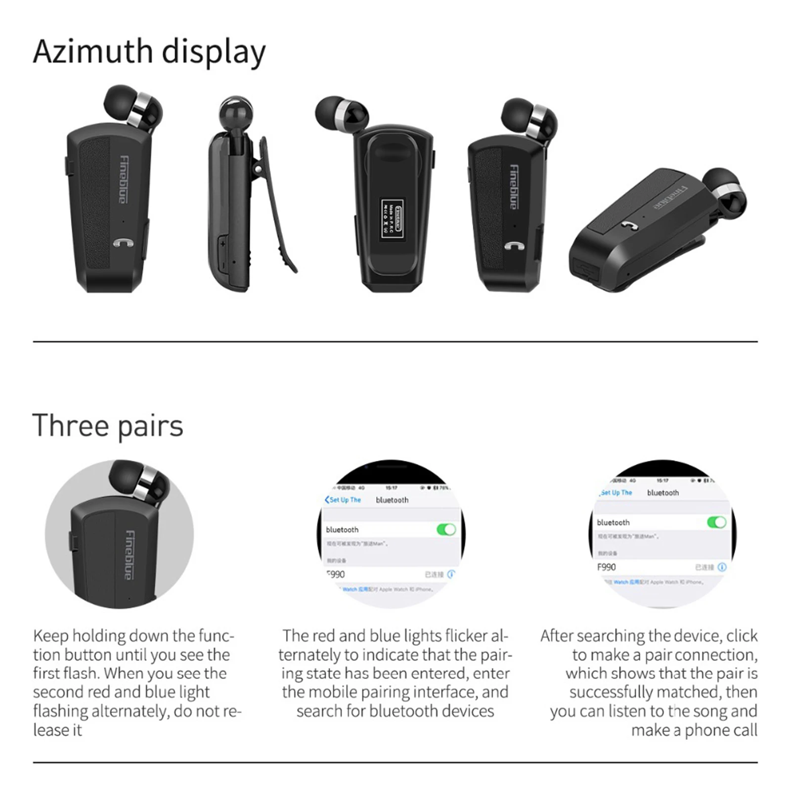 Fineblue F990 Bluetooth 4.0 Wireless Headset with Mic Retractable Stereo Headphone Collar Clip Business Workout Earphone Earbud