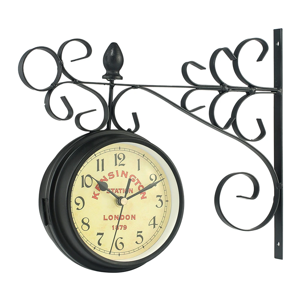 quartz wall clock Vintage Art Design Double Sided Wall Clock Metal Train Station Style Round Clock Brackets Wall Side Mount for Garden Home Living skeleton clock
