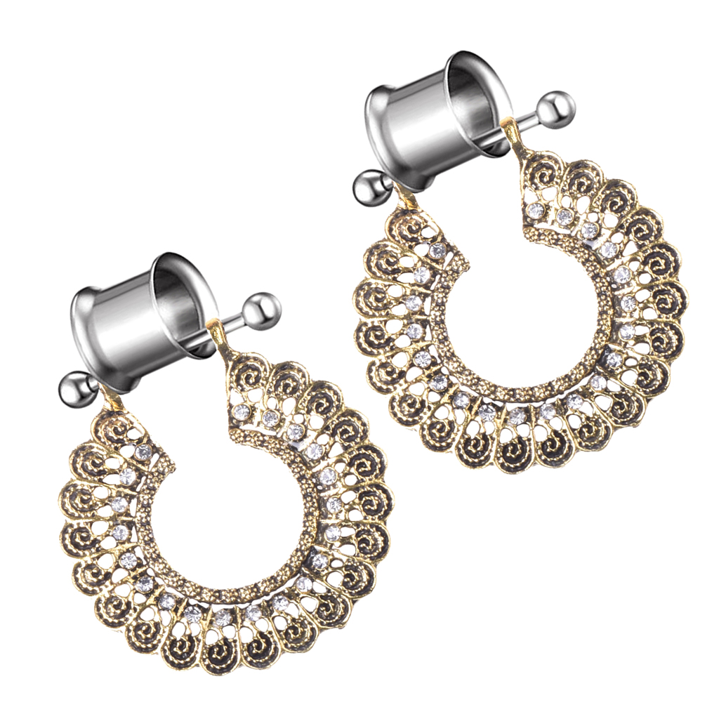 2Pcs Geometric Round Hollow Crystal Pendant Stainless Steel Screwed Ear Gauges Tunnels Stretchers , 2G / 0G / 00G, 12mm/0.5inch