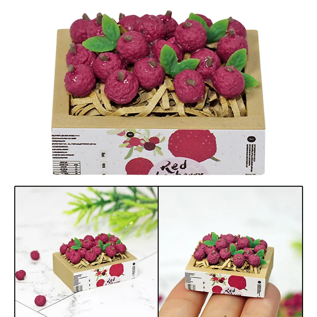 Dollhouse Miniature 1:12 Scale Fruit Litchi Basket Pretend Food Dollhouse Decor for 1/2 Doll House Kitchen Toys