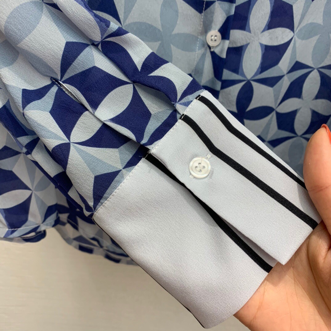 Início da Primavera Tecido de Seda Colarinho de Manga Crepe de Chine Alta Qualidade Novo Oceano Quatro Folhas Clover Polo Comprida Camisa Feminina Blusas 6 de seda oceano quatro folhas clover polo