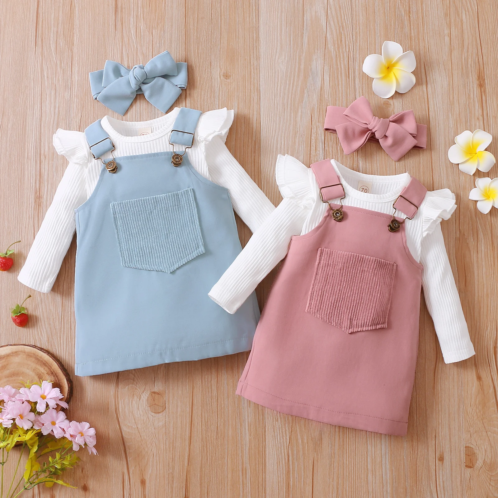 3Pcs Infant Baby Girls Clothes Set Solid Long Sleeve Knitted Romper + Front Pocket Suspender Skirt + Headwear Infant Outfits Baby Clothing Set cheap