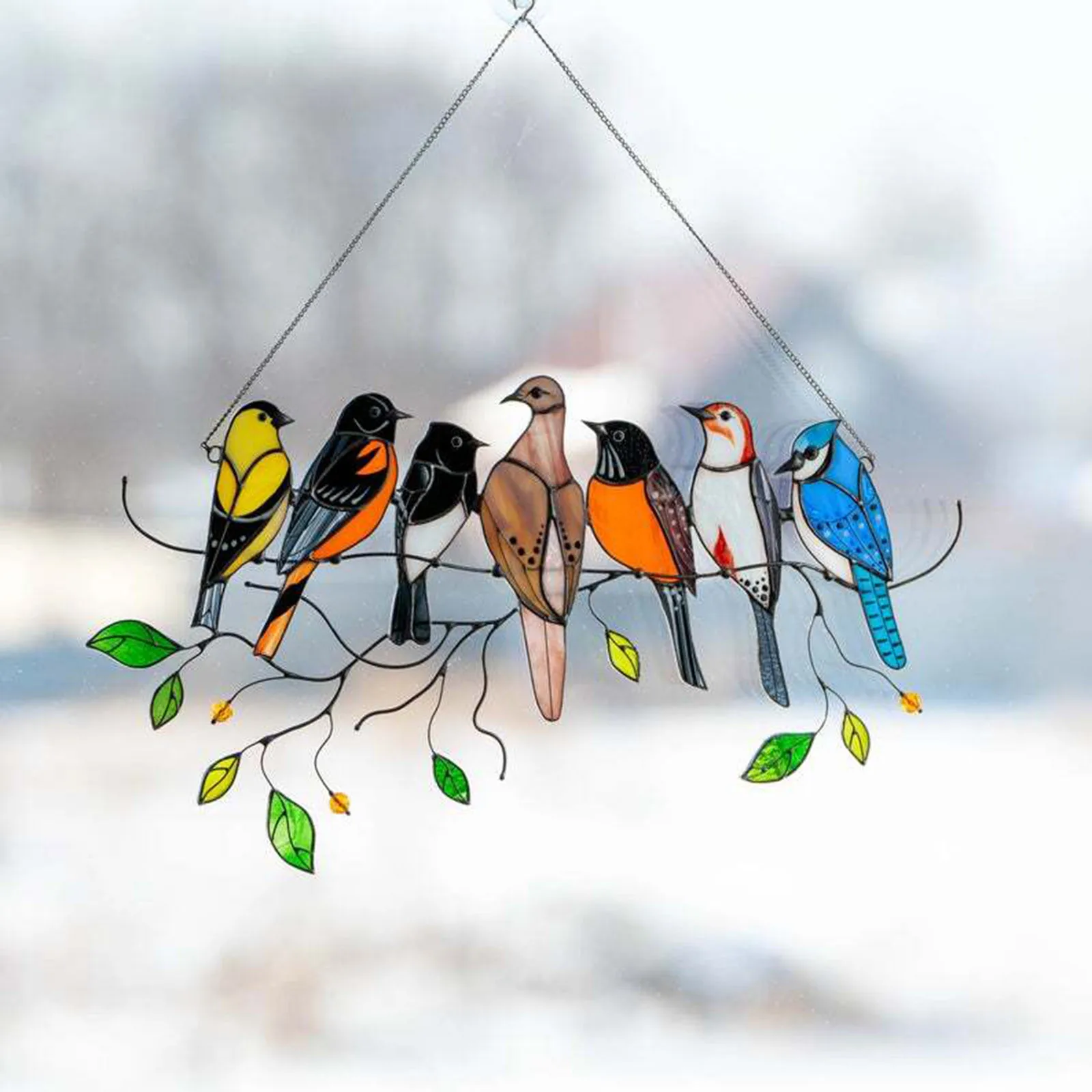 Bathroom FTALGS Multicolor Birds on a Wire High Stained Glass Suncatcher Window Panel,Hanging for Home Decor,Living Room # 3 Hanging Vintage Wall Sconce Windows Doors Home Decoration and Gifts