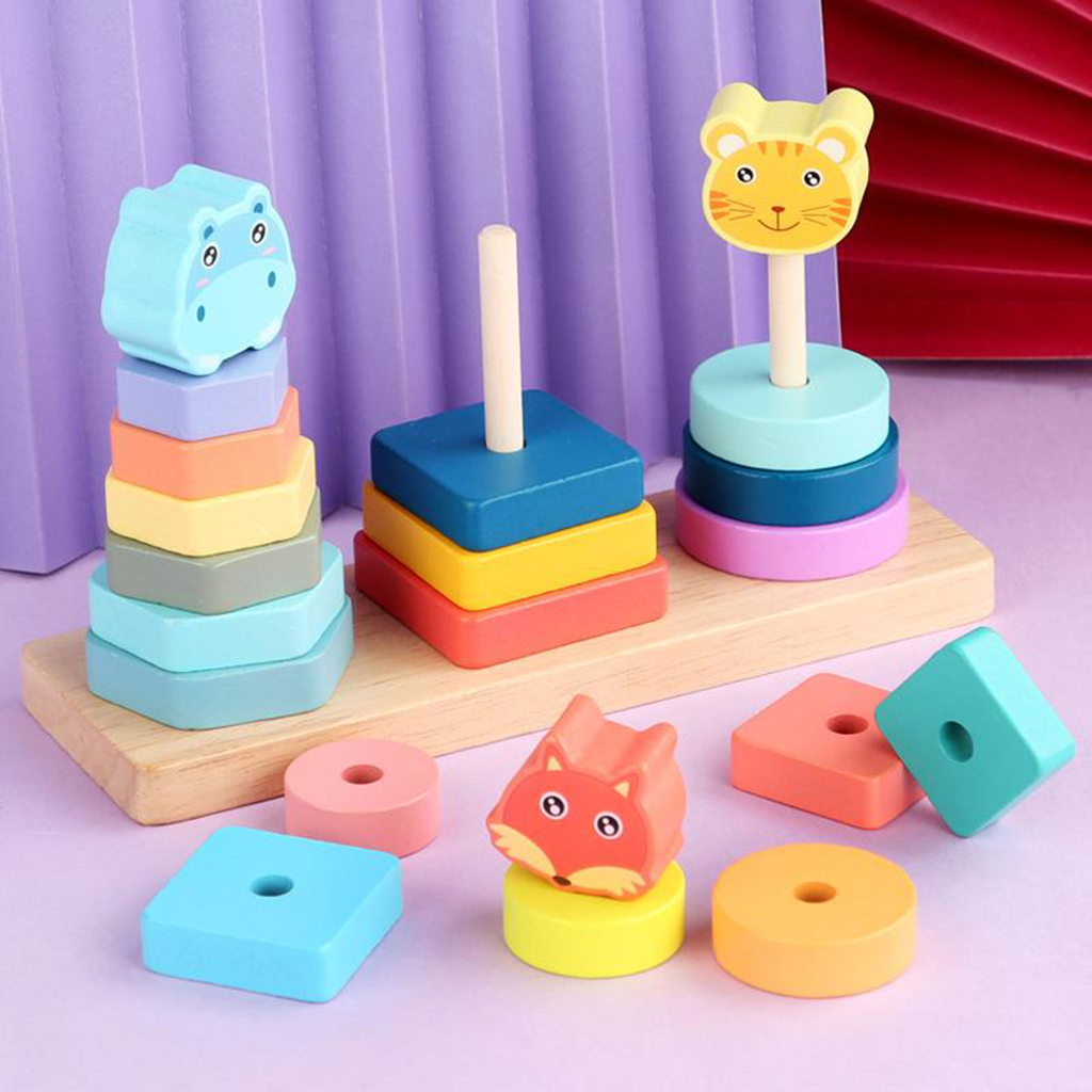 Kids Wood Stacking Geometric Blocks Set   Early Learning Toys Puzzle