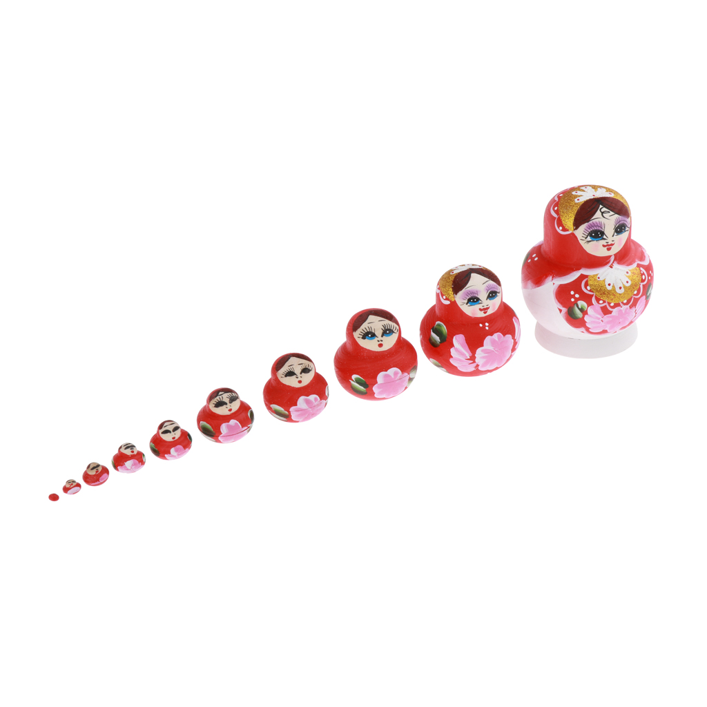 Lot of 10 Babushka Russian Stackable Wooden Dolls for Walnut - Red And