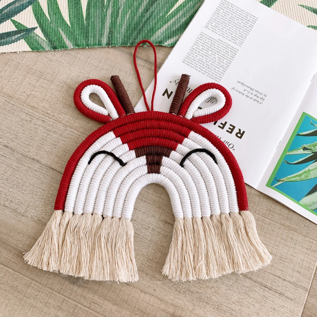 Deer/Lion Macrame Rainbow Wall Decor for Bedroom Nursery Baby Kids Rooms Colorful Tapestry Rope Woven Tassel Wall Hanging Toys