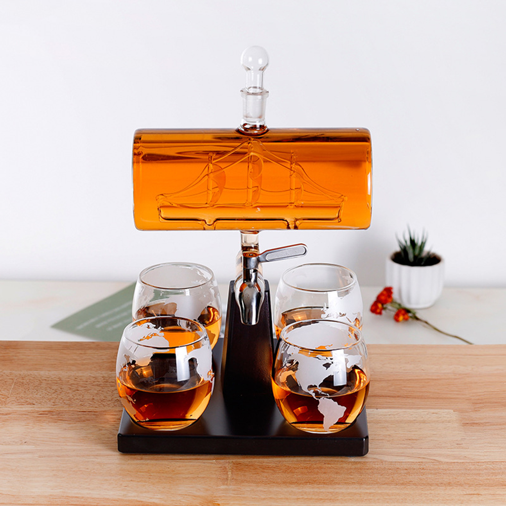   Bottle Whisky Glass Red  Decanter Bottle w/ 4 Cups  Bottle Decanter Red  Decanter