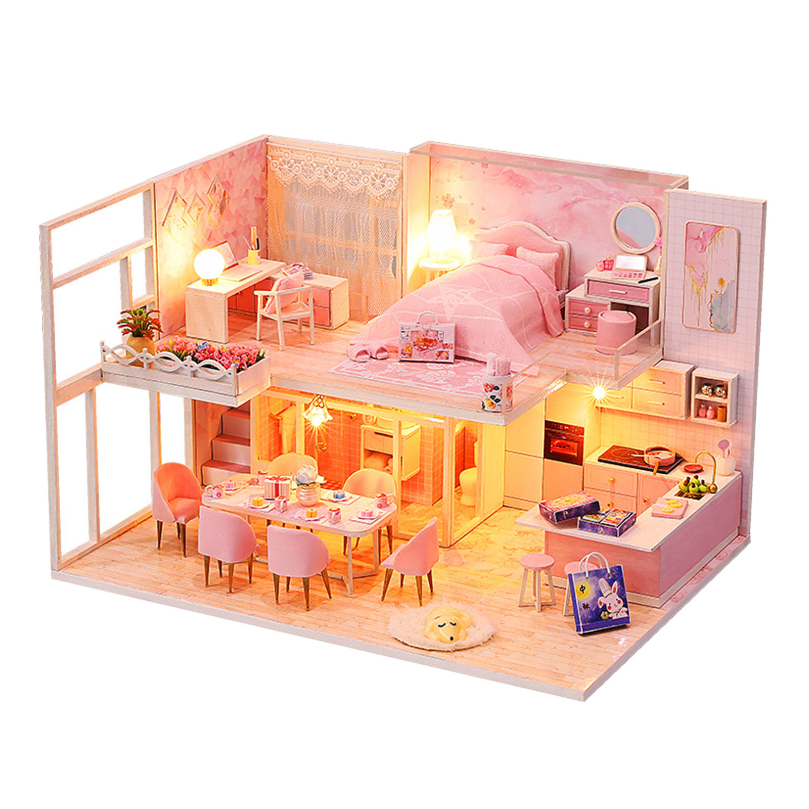 DIY Dollhouse With Furniture Mini Wooden Pink House Bedroom Dustproof Cover
