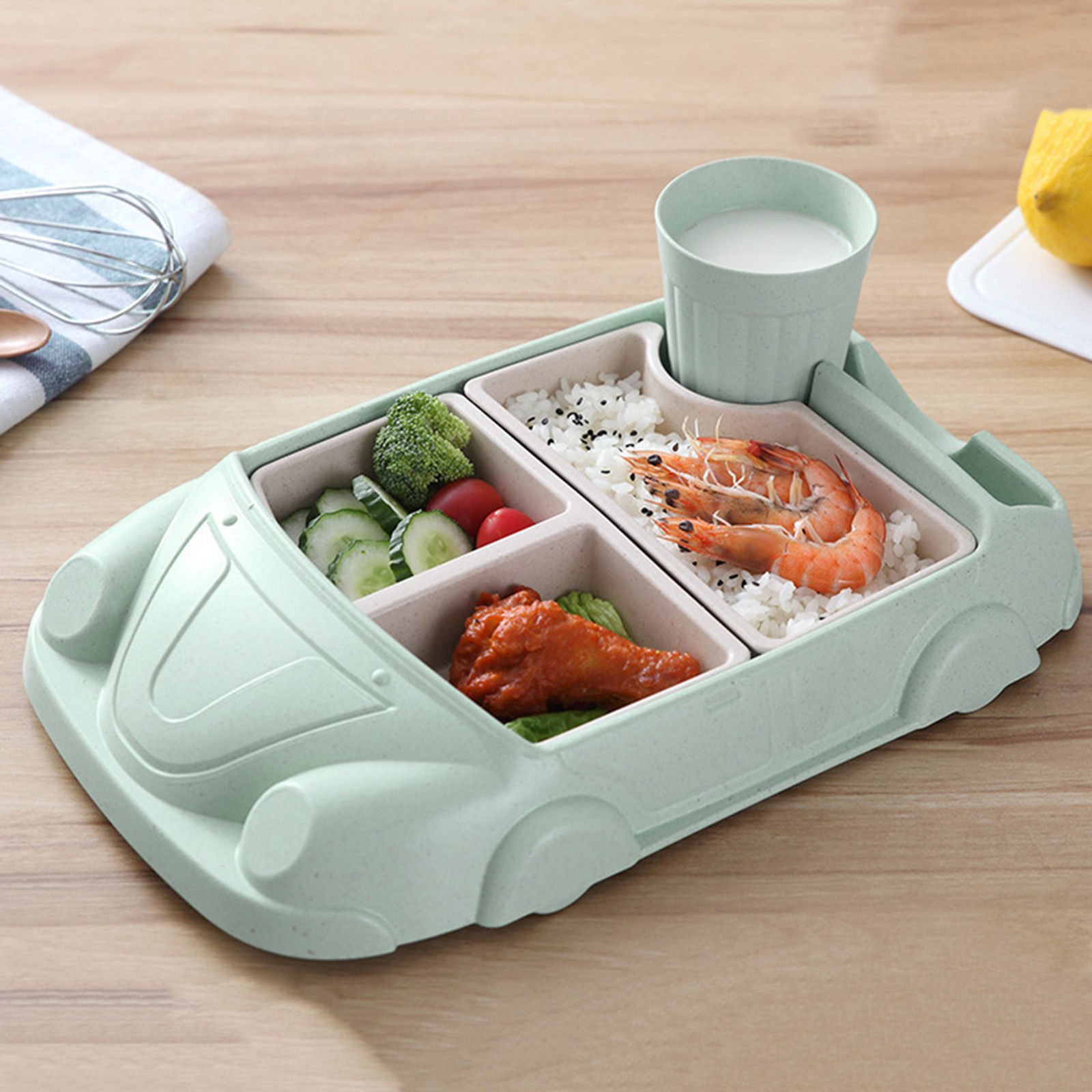 Cartoon Car-Shaped Bamboo Dinner Set 4 Piece Set for Kids and Toddlers Plate