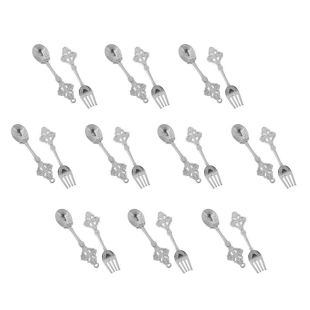10 Pairs Mini Silver Spoon Fork Kit Tableware for 1/12 Dolls House Kitchen
