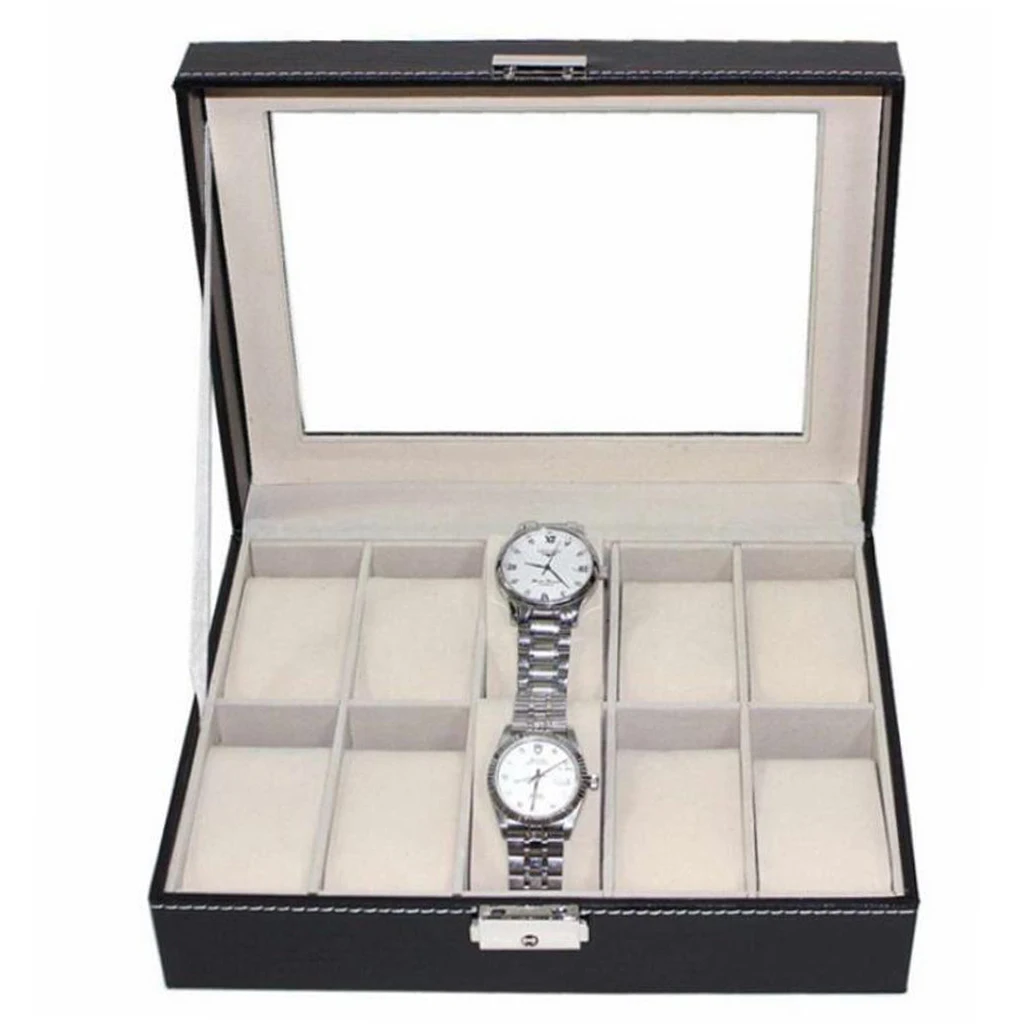 Leather 10 Slot Watch Box Glass Top Watch Jewelry Display Case Organizer