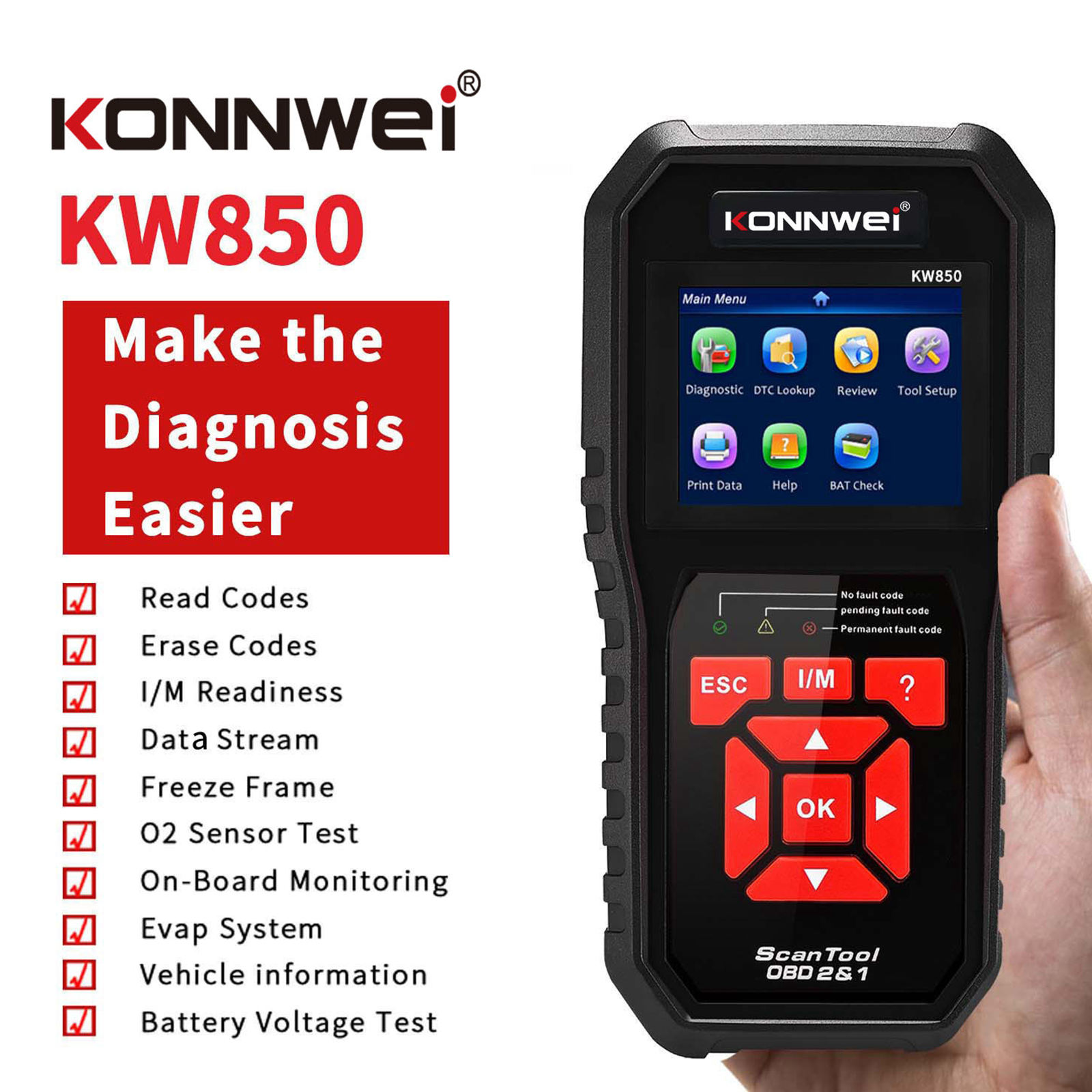 KW850 OBD II Car Diagnostic Scanner Tool Check Engine Code Reader Unil