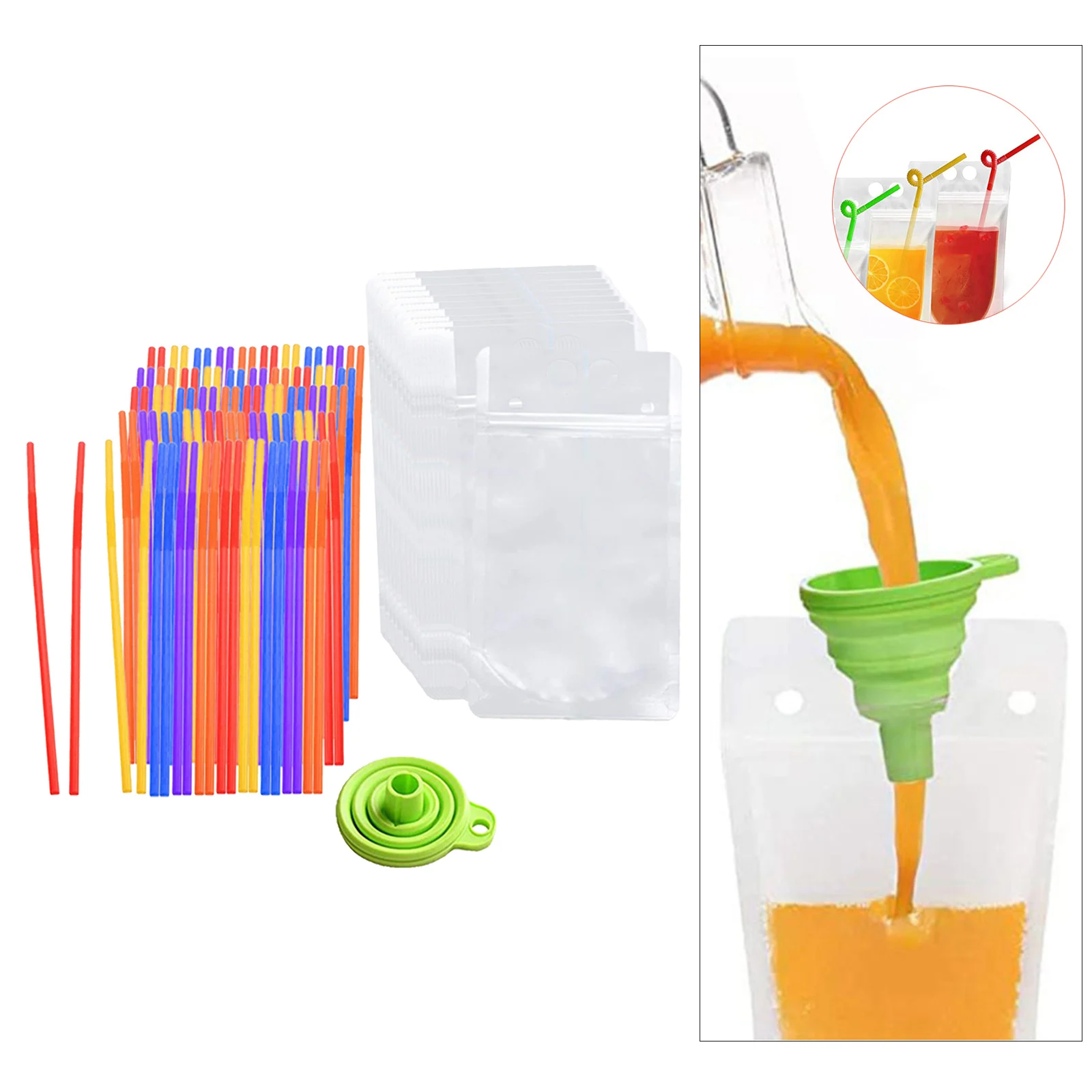 100x Hand-Held Zipper Drink Bag Clear Stand-Up Plastic Pouches Bag with Straws 