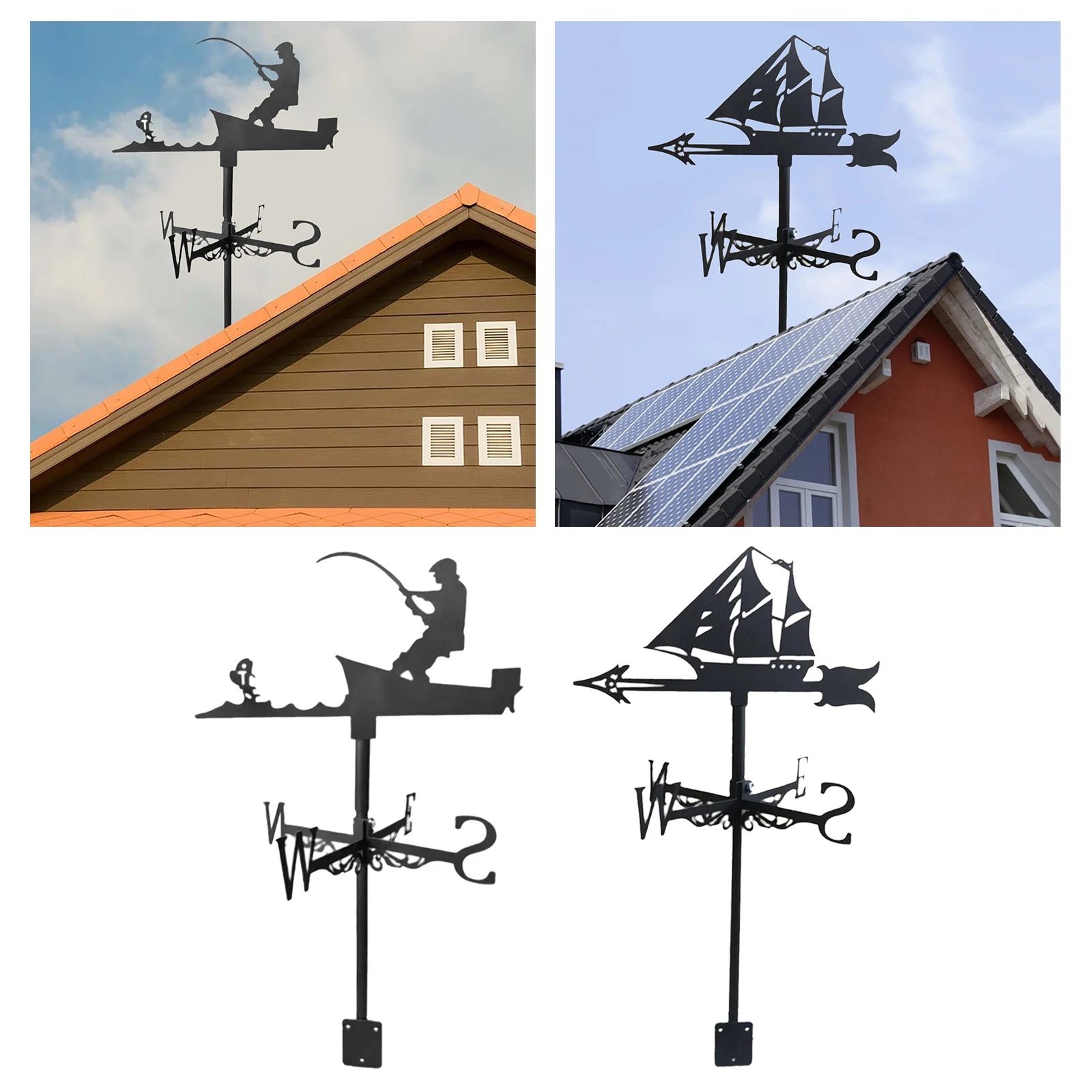 Iron Angler Shape Wind Vane Roof Mount Wind Direction Indicator Farm Weathervane Yard Ornament