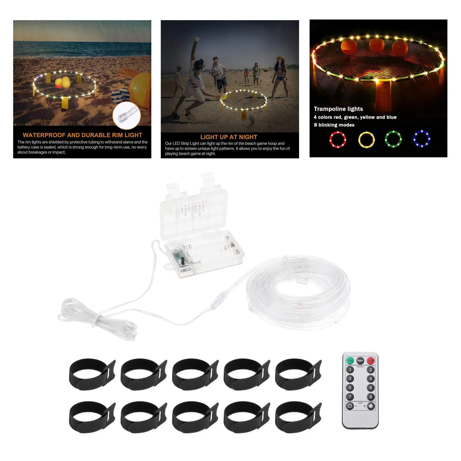 LED Trampoline Lights Remote Control Rope Strip Lights 8 Modes Battery Operated Waterproof LED Light Christmas Decoration