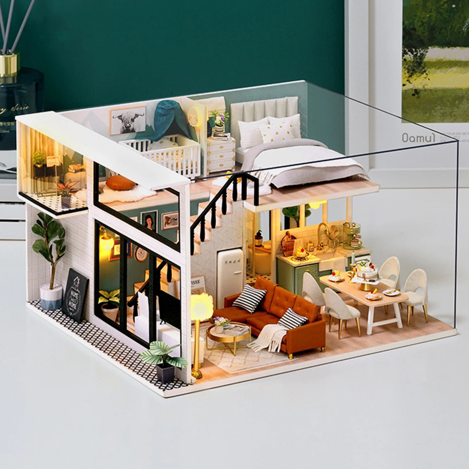 DIY Dollhouse Kit with Furniture, Lights, and Ornaments Plants 1:24 Scale Wooden