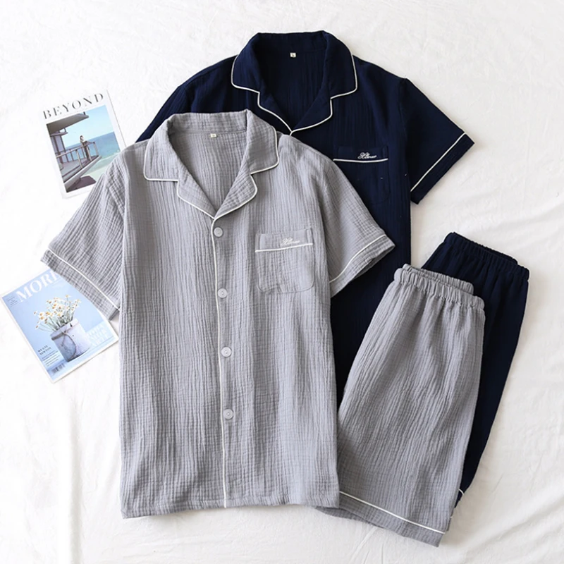 New European Version Sleepwear Plus Size Pajama Sets Men's Summer Short-sleeved Shorts  Cotton Household Solid Pyjamas Suits cotton loungewear