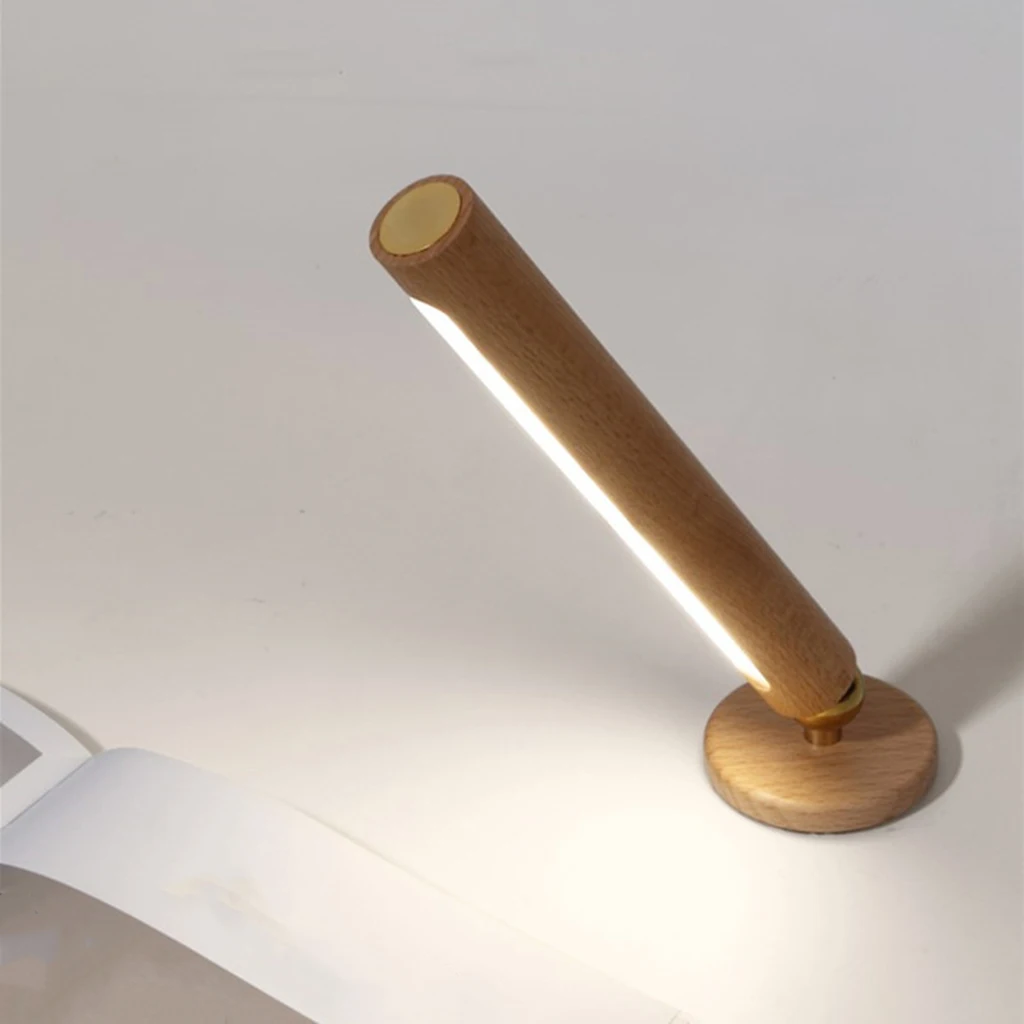 Wooden LED Night Lamp Desk Light 180 Rotatable USB Rechargeable Adjust Brightness, Built-In 1000 mAh Lithium Battery
