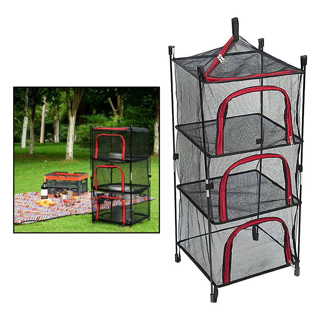 4 Layer Nylon Netting Collapsible Mesh Outdoor Cookware Hanging Drying Dry Rack Net Food Dehydrator Storage Net Basket w/ Bag