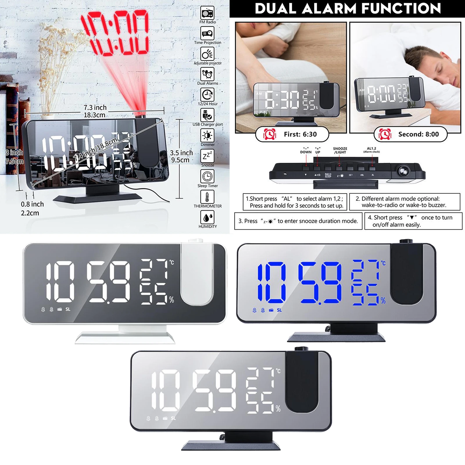 LED Mirror Alarm Clock FM Rdion Digital Snooze Table Clock Wake Up Light Electronic Temperature Display Home Decoration Clock