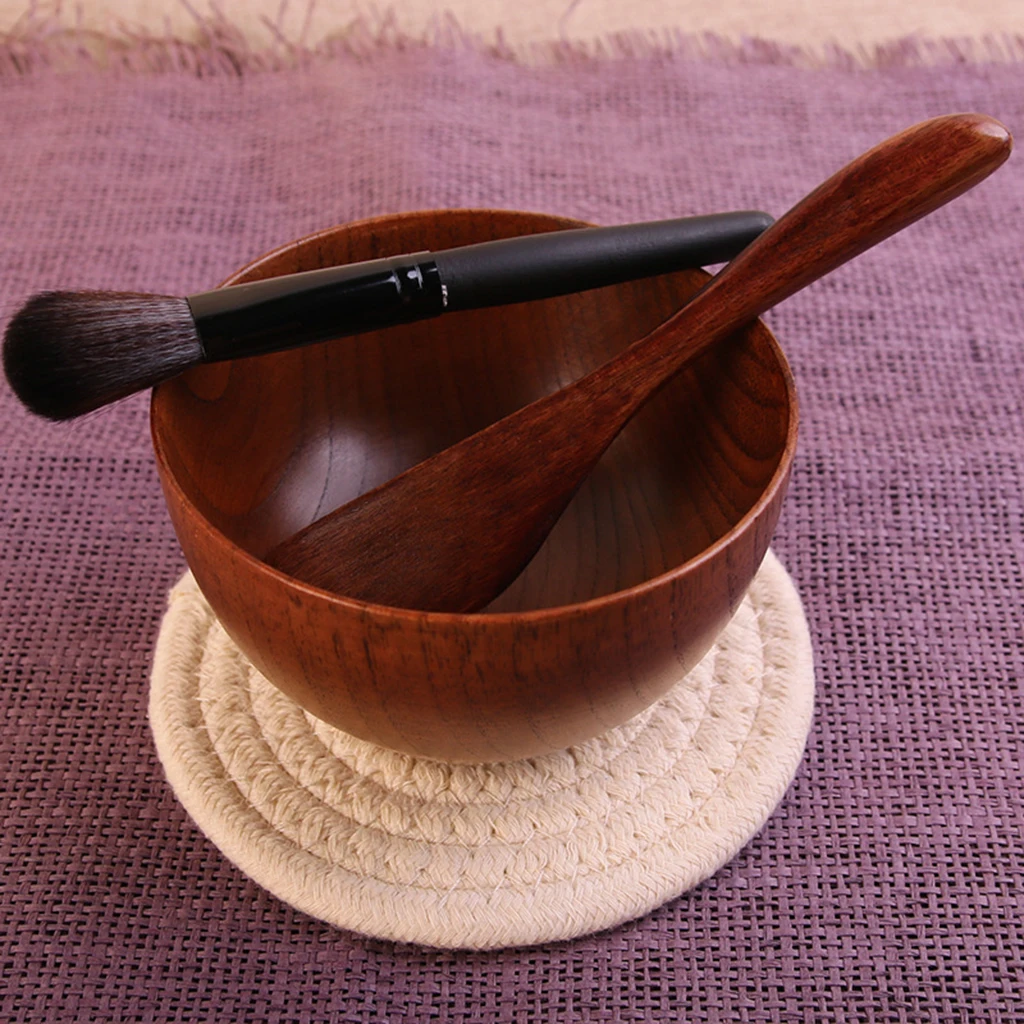 3Pcs DIY Wooden Beauty Facial Mask Mixing Bowl Kit with Brush Spatula (Brown Color) Mini Beauty Mask Brush Applicator Spoon