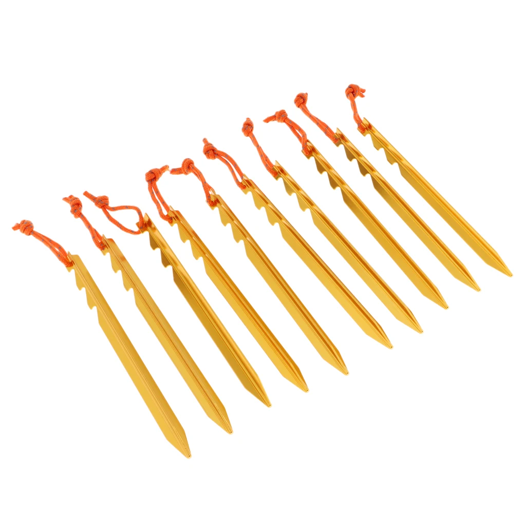 10 Pack Aluminum Alloy Tent Pegs - Gardening Stakes with Ropes and Travel Bag - Outdoor Camping Hiking Accessories