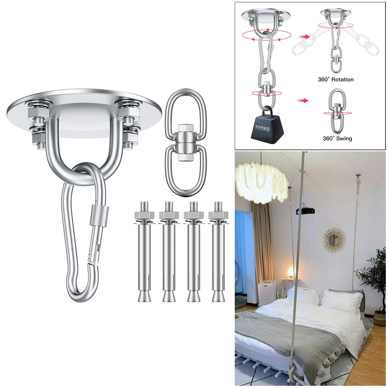 Hammock Chair Ultimate Hanging Kit-Concrete Ceiling and Wooden Beam Hook Heavy Duty Hanger & Swivel Hook Snap