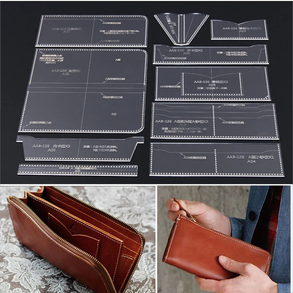 10pcs/set Acrylic Wallet Purse Pattern Stencil Template DIY Leather Craft