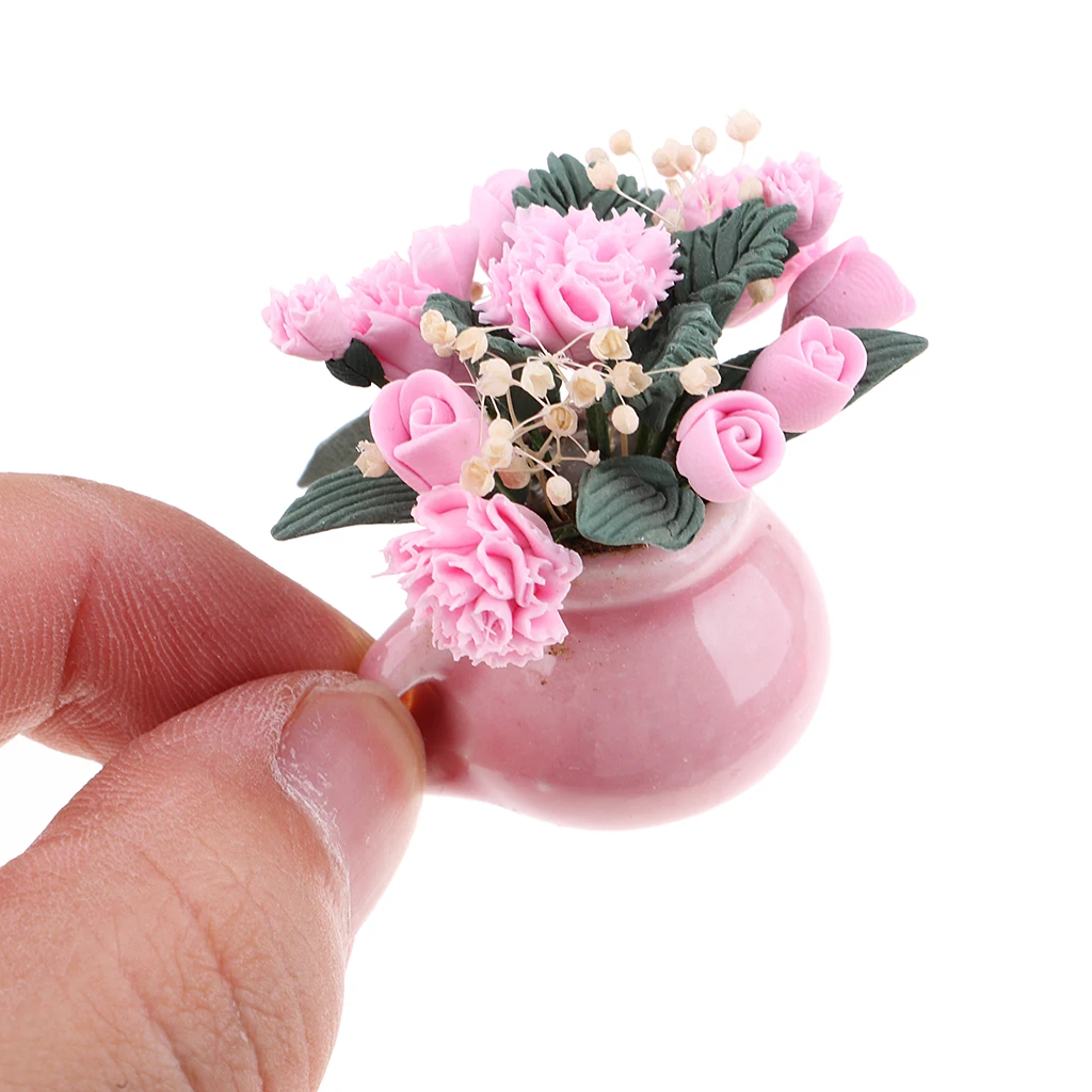 Dollhouse Miniature Plastic Pink Flower in Glass Vase Dolls Room Table Decor