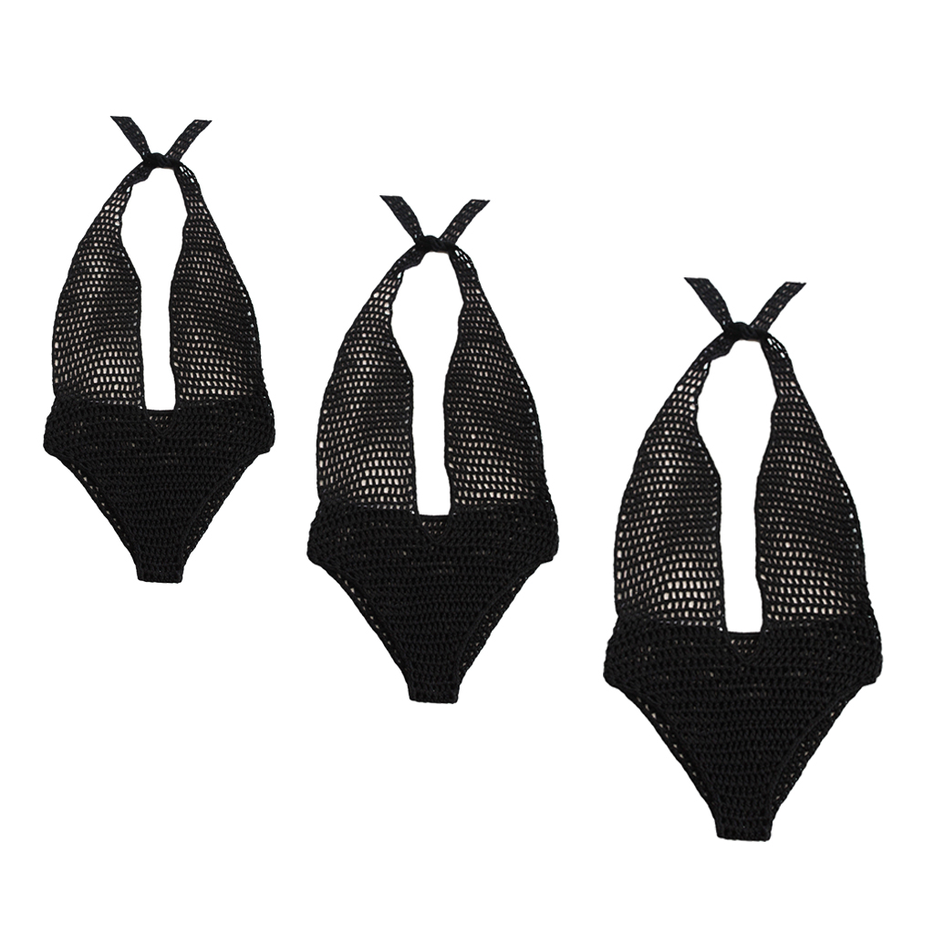 Women Black Crochet Knit Beach Bikini Monokini Halter Deep V-neck Swimwear