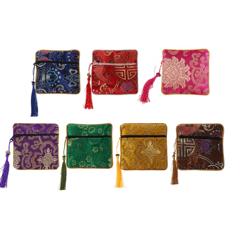10X MixColors Chinese Zipper Coin Tassel Silk Square Jewelry Bag Pouches4.5inchT 