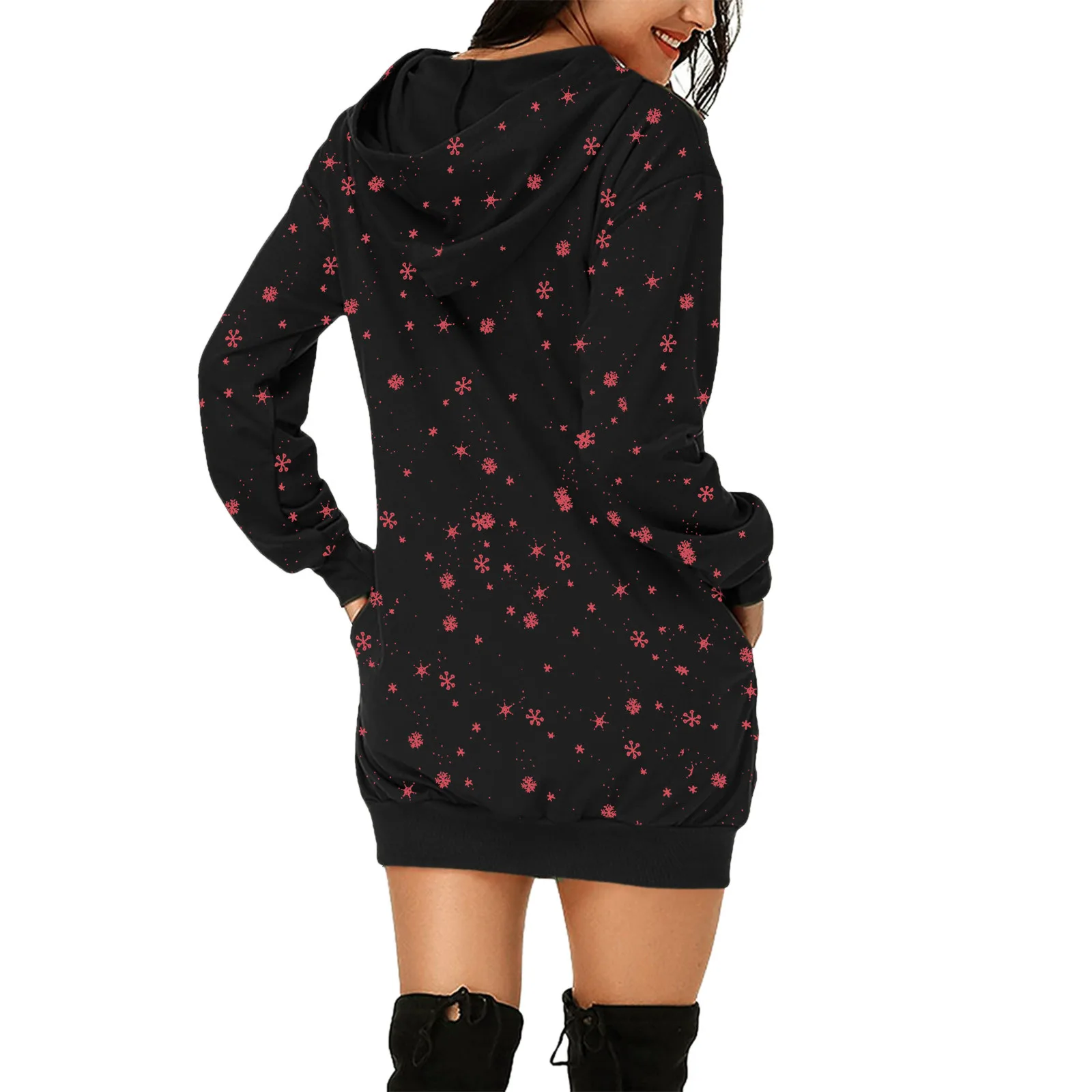 Multi Sizes Christmas Women Printed Round Neck Casual Dresses Hoodies Dress For  New Year Clothing With Pockets Hooded Dress