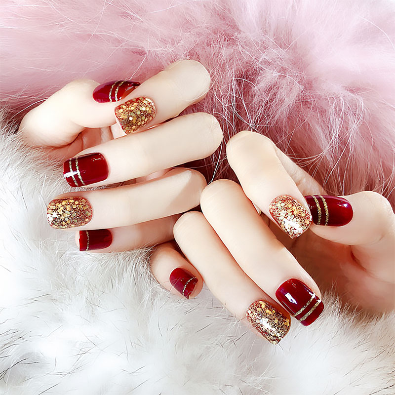 Falsas com Glitter Curto Vinho Vermelho Prego Arte Unhas Dourado Champanhe Casamento Unha Ponta Completa Hjl2022 24 Pçs 1 casamento unha ponta completa hjl2019