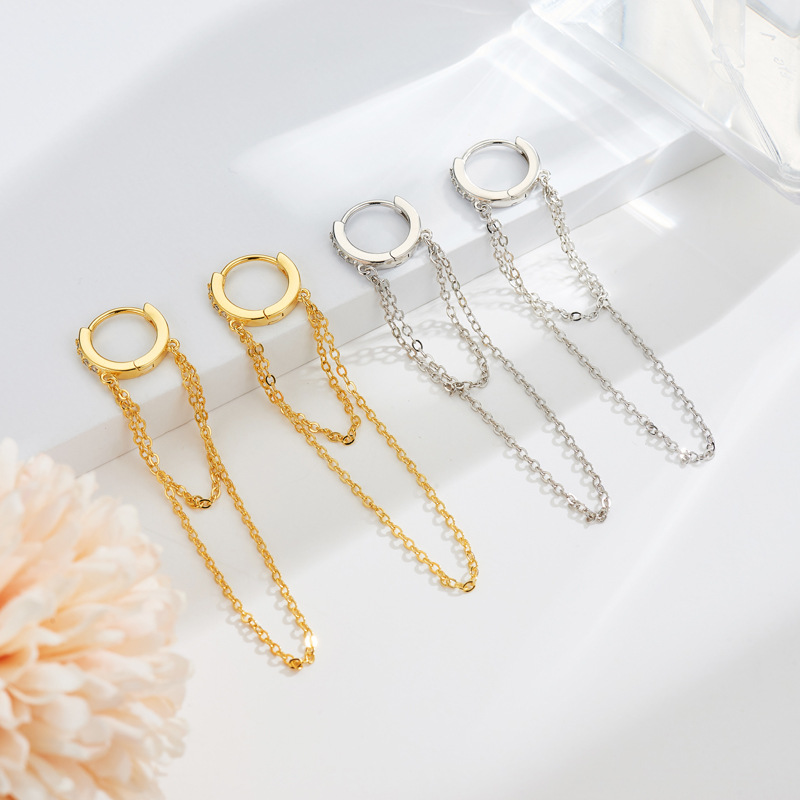 S925 Sterling Silber Ohr Schnalle Smple Mode Lange Quaste Kette Zirkon Ohrringe Für Frauen Übertrieben Mode Stil Schmuck – Detail 1