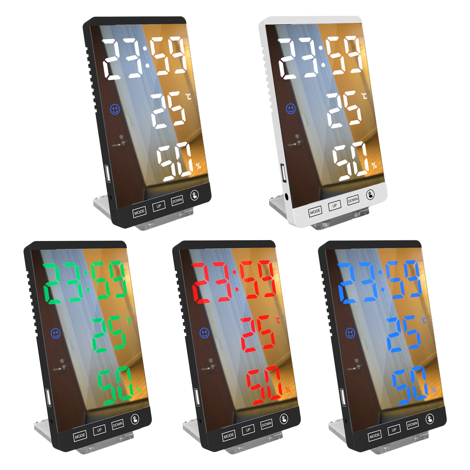 6 Inch LED Mirror Alarm Clock Touch Button Wall Digital Clock Time Temperature Humidity Display USB Output Port Table Clock
