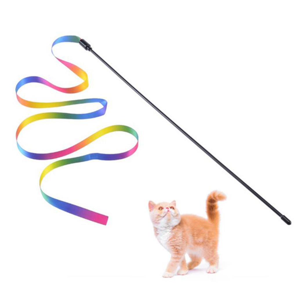 Rainbow Cat Wand String Interactive Stick Toy Kitten Ribbon Charmer Training