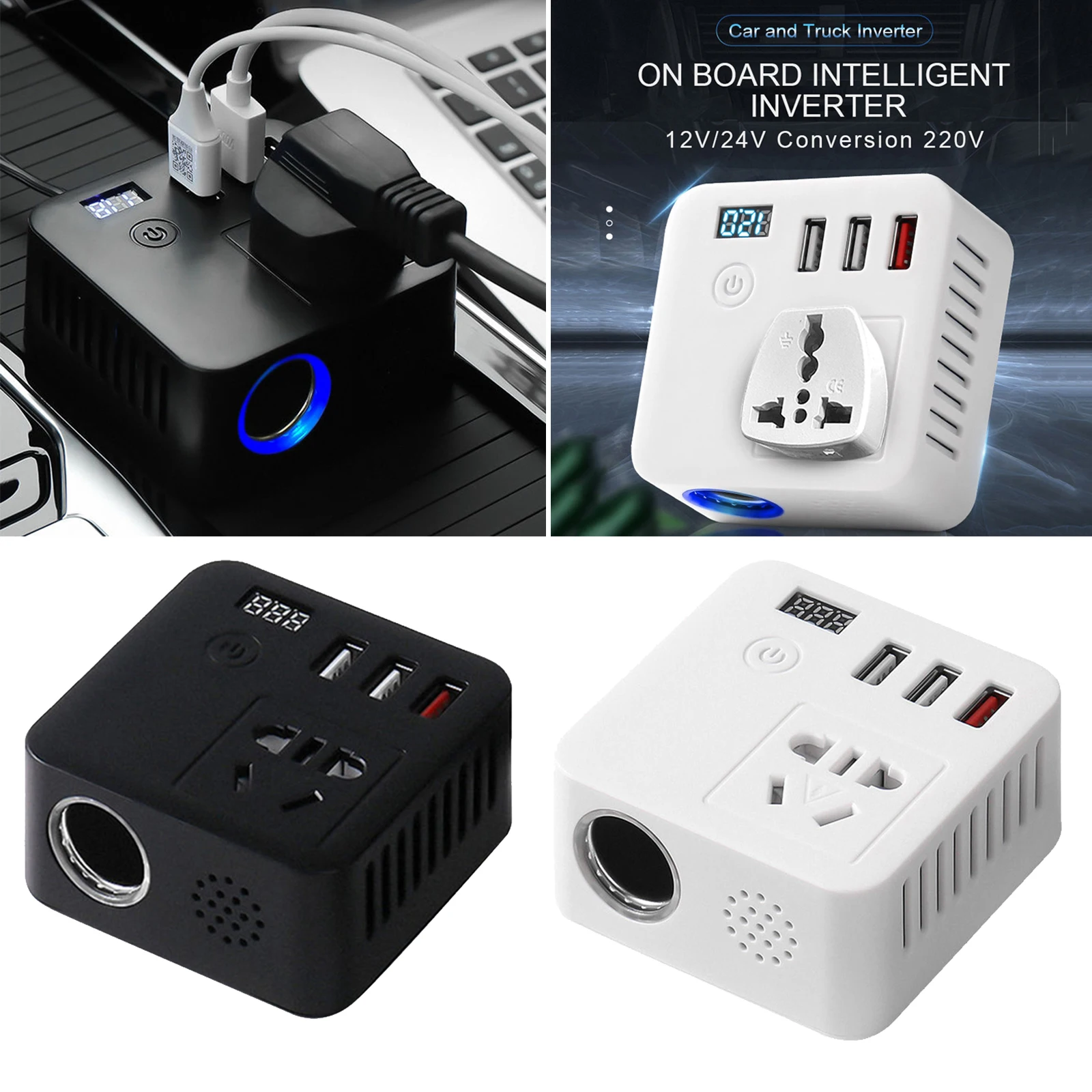 Compact 150W Car Power Inverter 12V to 220V AC for 12V/24V quick charge